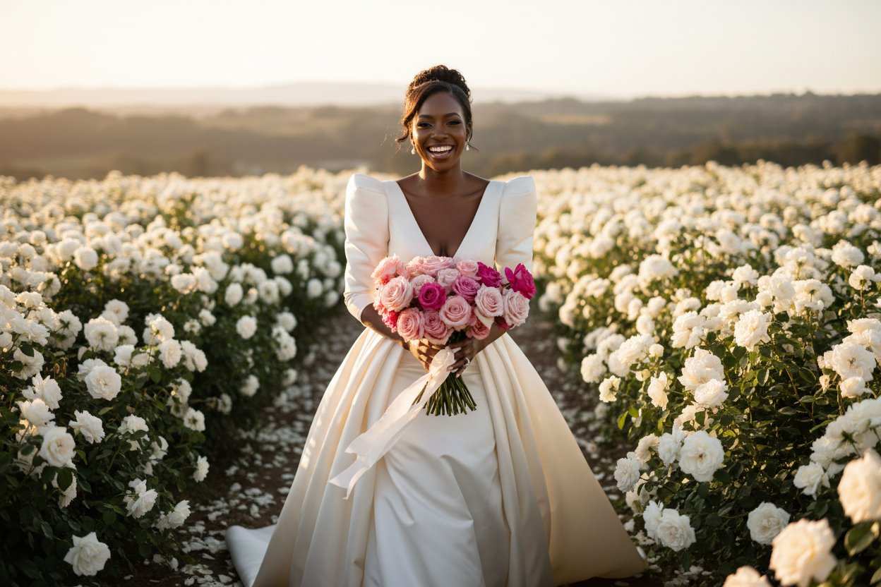 black model wearing a gorgeous structured silk wedding gown with structured shoulders in walking in a field with white roses. she will be holding a bouquet of pink roses and smiling to the camera in joy