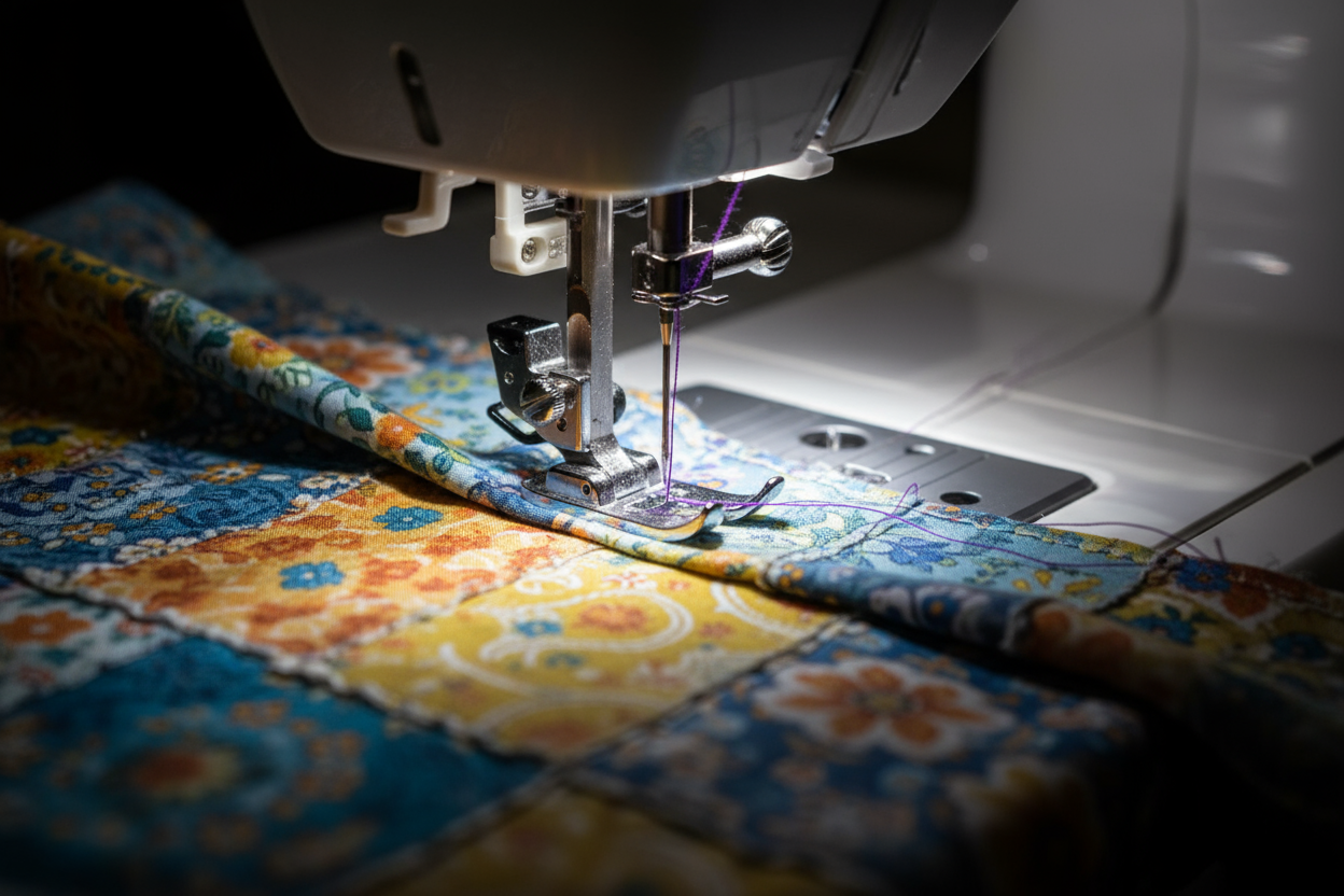 Create a short boomarang video of a sewing maching sewing a cloth